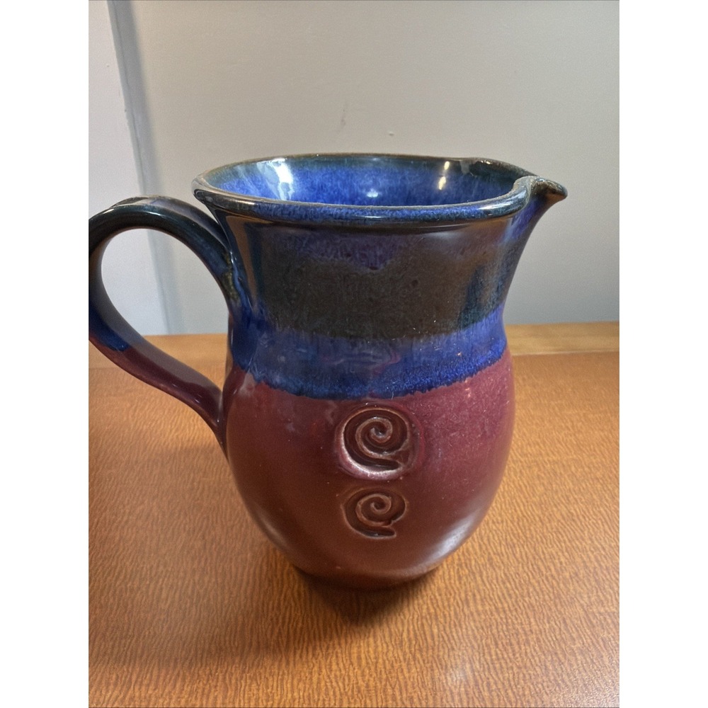 Handmade Glazed Pottery Pitcher Signed Blue & Plum Colors 5.75" Tall